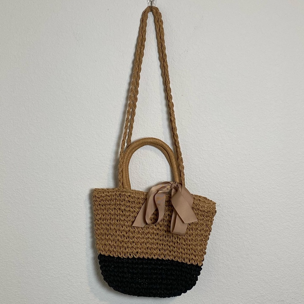 Straw Shoulder Bag Purse color block bow beach